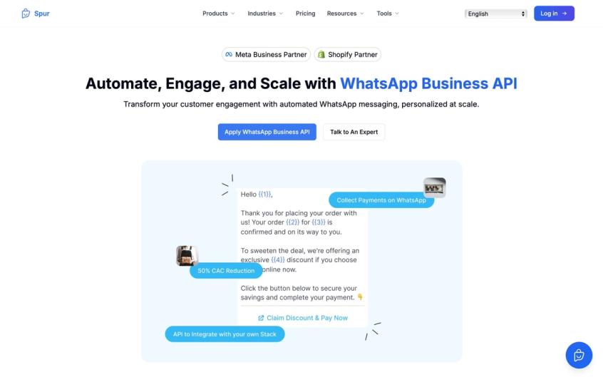A webpage showcasing Spur's WhatsApp Business API, with example chat messages for order confirmation and discounts.