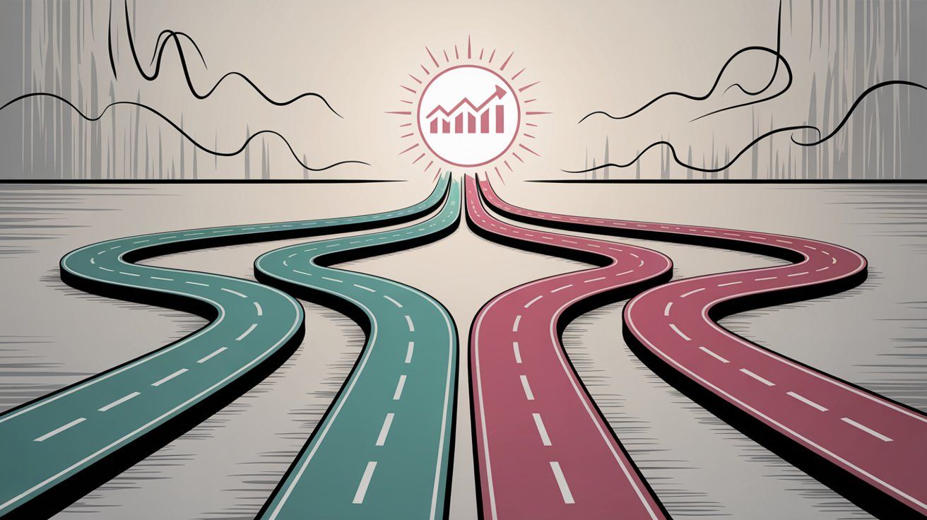 Visual illustration showing multiple competitive pathways - both direct same-route competitors and indirect alternative-path competitors - converging toward a shared market goal, representing the dual nature of business competition