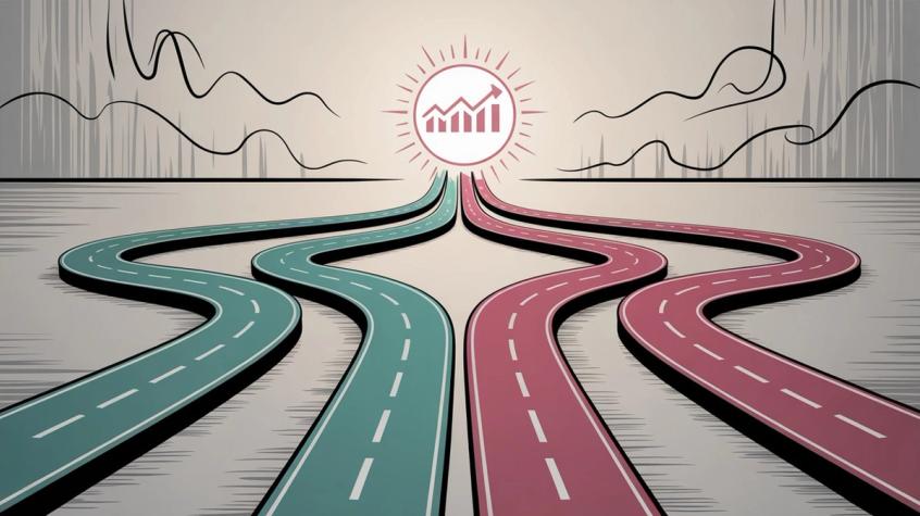 Visual illustration showing multiple competitive pathways - both direct same-route competitors and indirect alternative-path competitors - converging toward a shared market goal, representing the dual nature of business competition