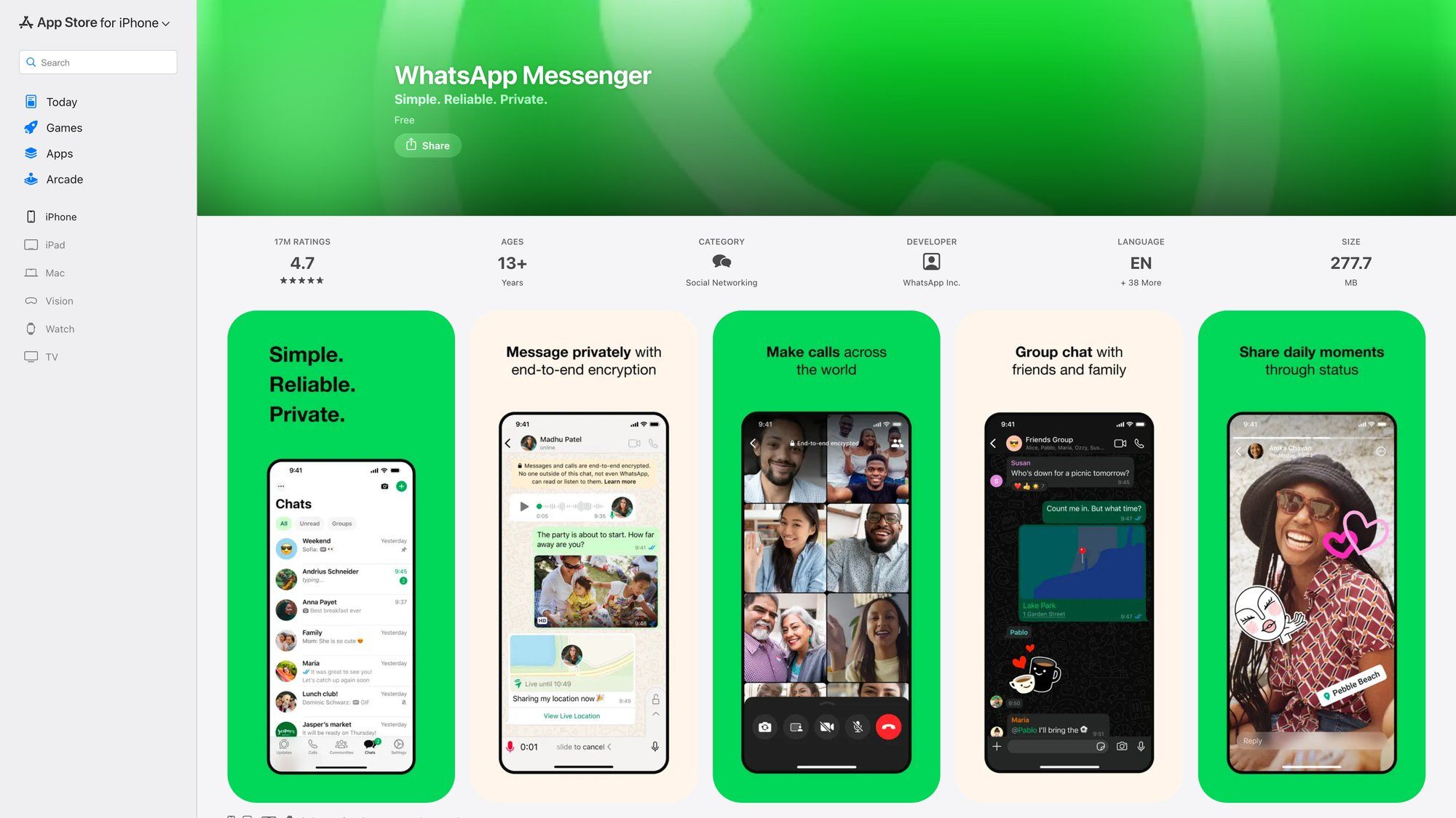 App Store listing for WhatsApp Messenger showing Get button and app information