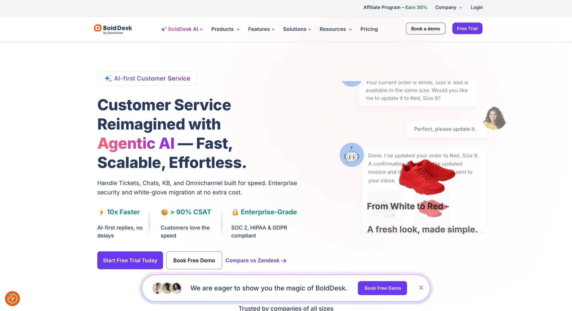 BoldDesk webpage showcasing AI customer service, demonstrating an order update, and highlighting key benefits.