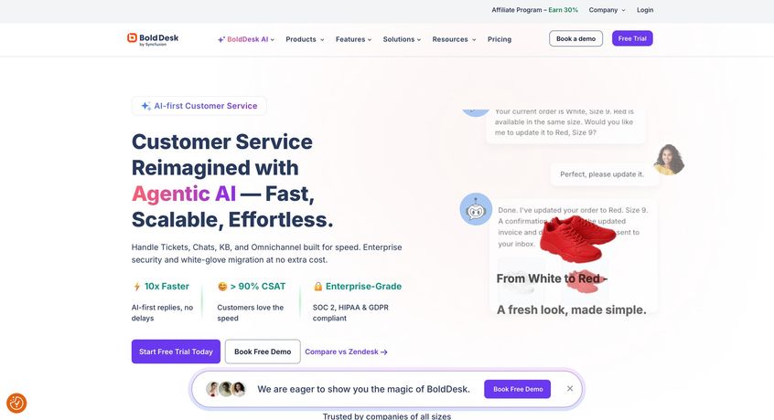 BoldDesk webpage showcasing AI customer service, demonstrating an order update, and highlighting key benefits.