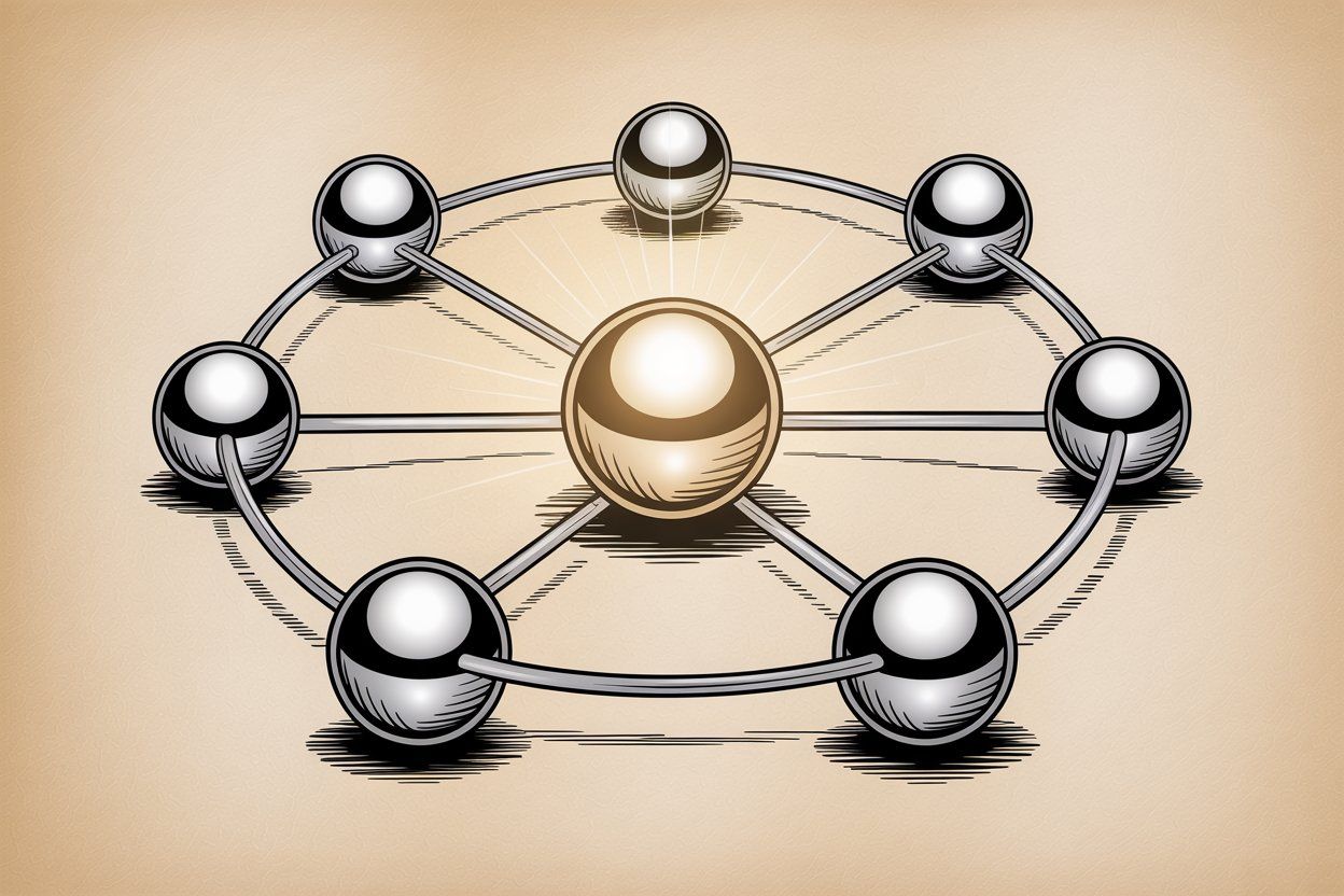 Hand-drawn illustration showing business system integration workflow with connected components and implementation process