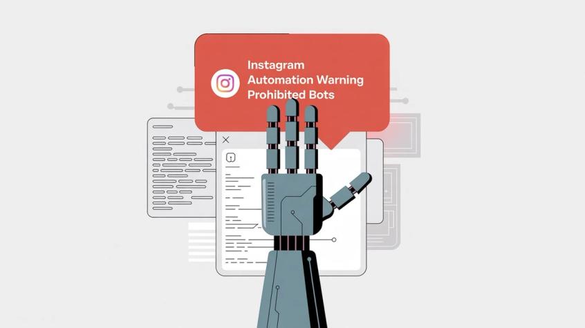 Warning visualization showing prohibited Instagram automation and banned bot behaviors in hand-drawn editorial style
