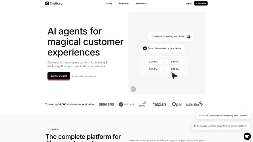 Chatbase homepage featuring AI chatbot builder platform for custom GPT-4 trained bots with document upload interface