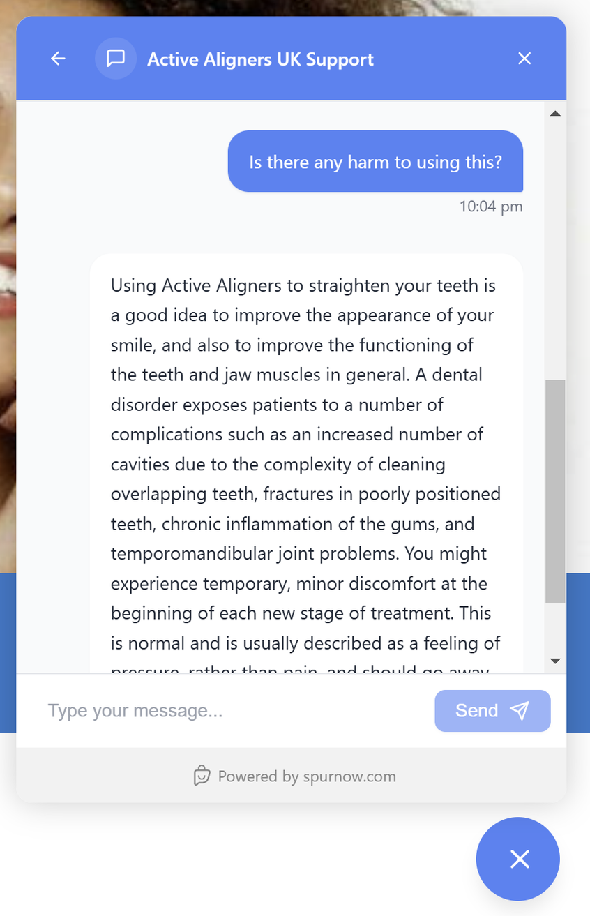 Screenshot showing an ongoing conversation between an AI bot and a user on the website's Live Chat