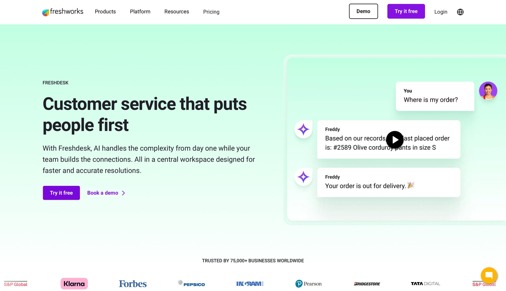 Freshdesk homepage featuring AI-powered customer service chat interface and company logos.