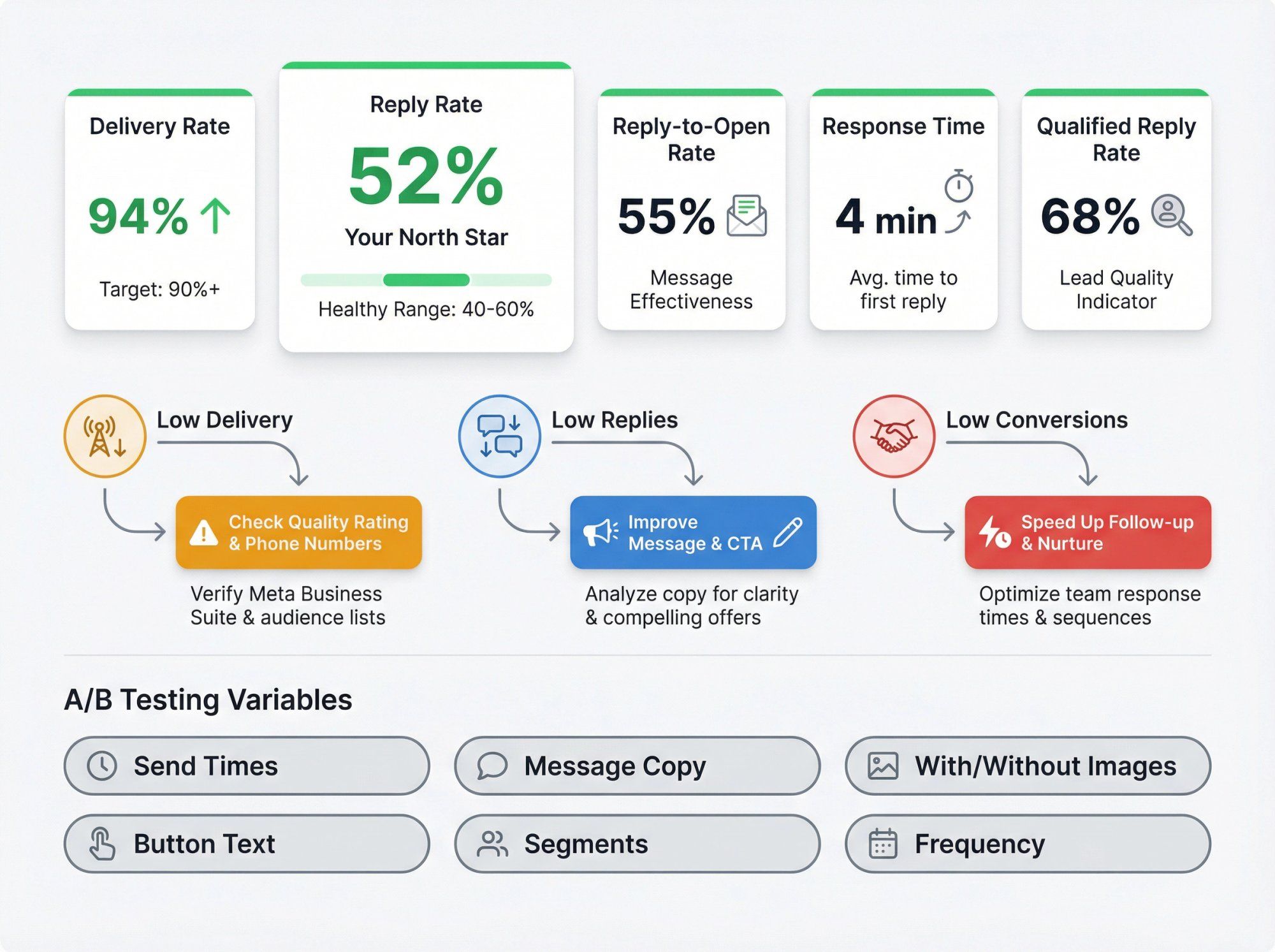 WhatsApp broadcast metrics dashboard showing 5 essential KPIs with healthy benchmarks and diagnostic flow