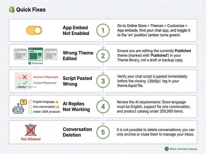 Professional troubleshooting flowchart showing 5 common reasons live chat doesn't appear on Shopify stores with diagnostic icons