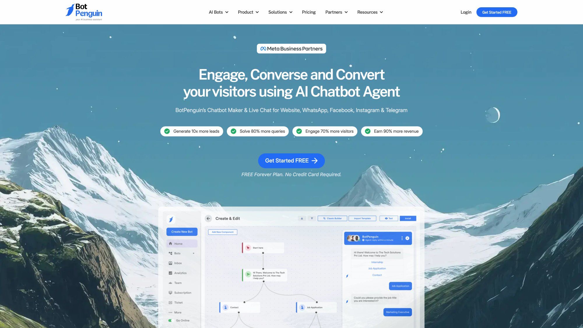 BotPenguin homepage featuring their AI chatbot platform with drag-and-drop builder for WhatsApp, Messenger, and website automation