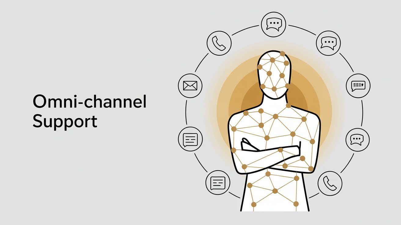 Multiple communication channels converging representing omnichannel customer support strategy