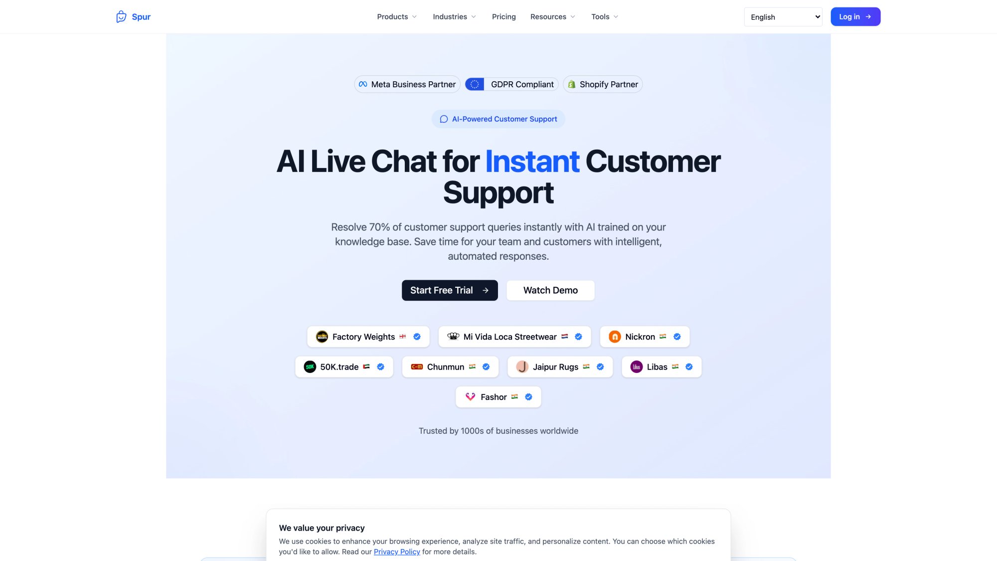 Spur Live Chat product page showing 'AI Live Chat for Instant Customer Support' hero, 70% query resolution claim, and trust badges including Meta Business Partner, GDPR Compliant, and Shopify Partner