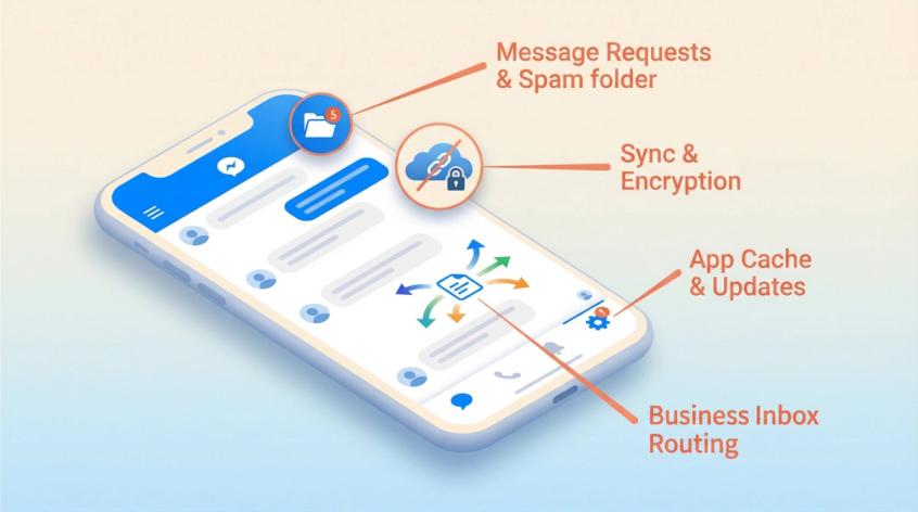 Editorial illustration showing Facebook Messenger interface with four labeled problem areas: hidden message requests folder, sync encryption icon, app cache symbol, and business inbox routing paths
