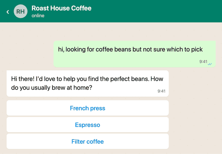 A WhatsApp chat where the agent asks how the shopper brews at home, with French press, Espresso and Filter coffee as tappable answers