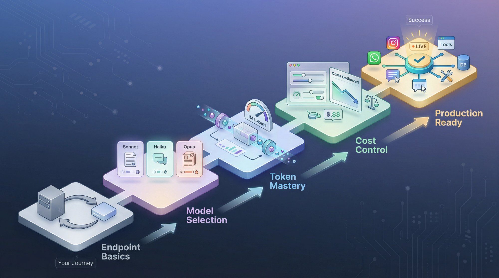 Five ascending steps showing the journey from basic API endpoint understanding to production-ready Claude API mastery