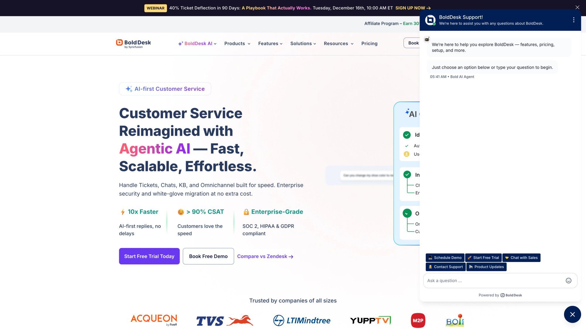 BoldDesk's unified helpdesk platform showing AI chatbot seamlessly converting conversations into support tickets with full context