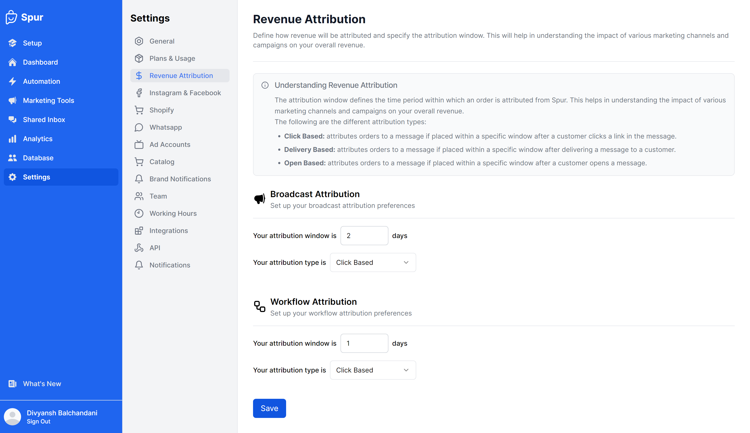 Revenue Attribution Settings Available within Spur