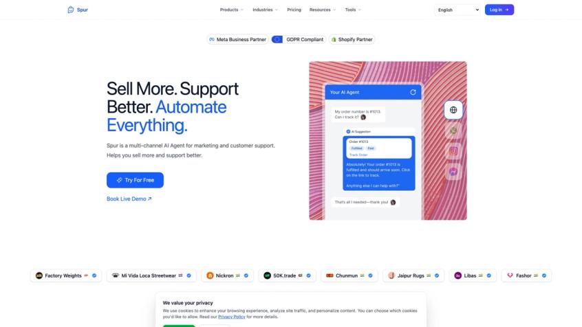 Spur homepage hero showing AI-powered marketing and support platform with live order-tracking conversation, Meta Business Partner badge, Shopify Partner badge, and customer brand logos