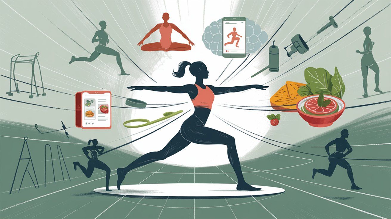 Multiple diverse wellness solutions - gym equipment, yoga poses, running apps, nutrition - all competing indirectly for the same customer fitness and health goals through completely different approaches