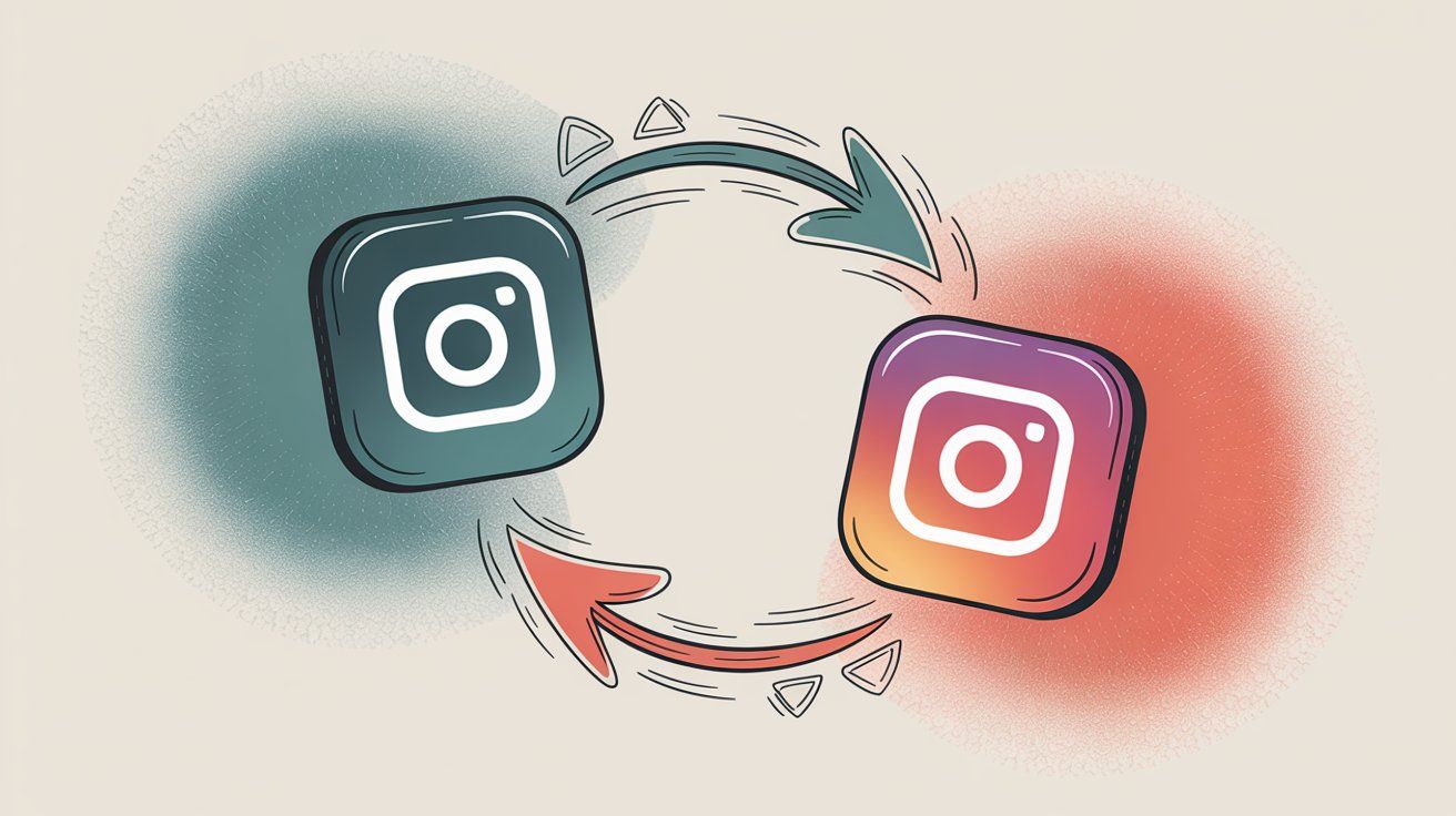 Illustration showing Instagram content being shared between two profiles with arrows, representing the reposting concept