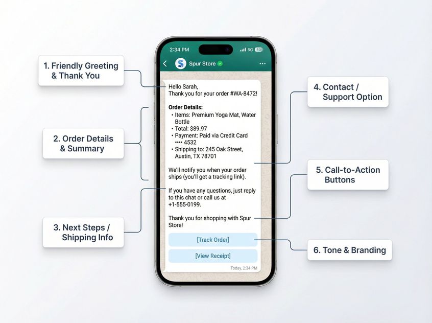 Annotated WhatsApp order confirmation template showing all six essential elements with labeled callouts
