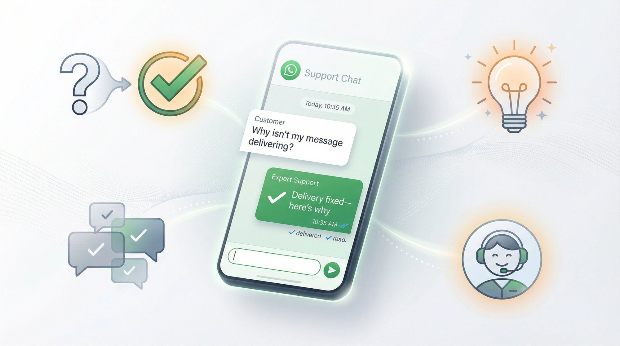 Clean modern illustration of WhatsApp support concept with messaging interface and helpful guidance elements