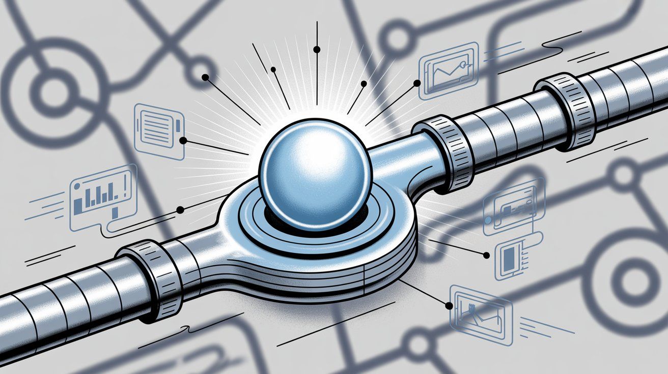Automated lead generation workflow visualization showing central automation hub connecting to multiple data touchpoints and analytics systems