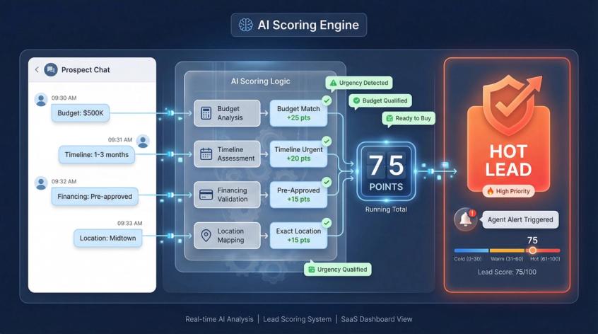 AI chatbot lead scoring engine showing how prospect answers translate to points and Hot/Warm/Cold categorization in real-time