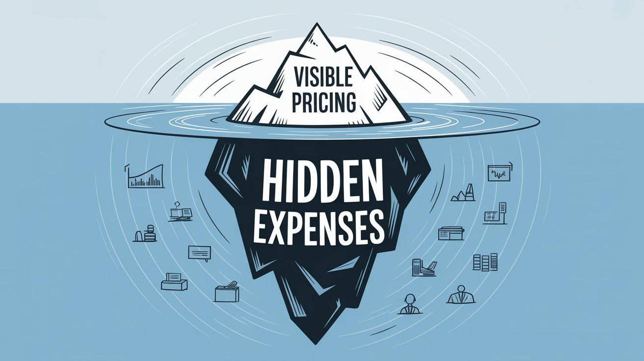 Iceberg illustration showing visible pricing above water and hidden business expenses below, demonstrating total cost of ownership concept