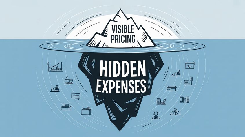 Iceberg illustration showing visible pricing above water and hidden business expenses below, demonstrating total cost of ownership concept