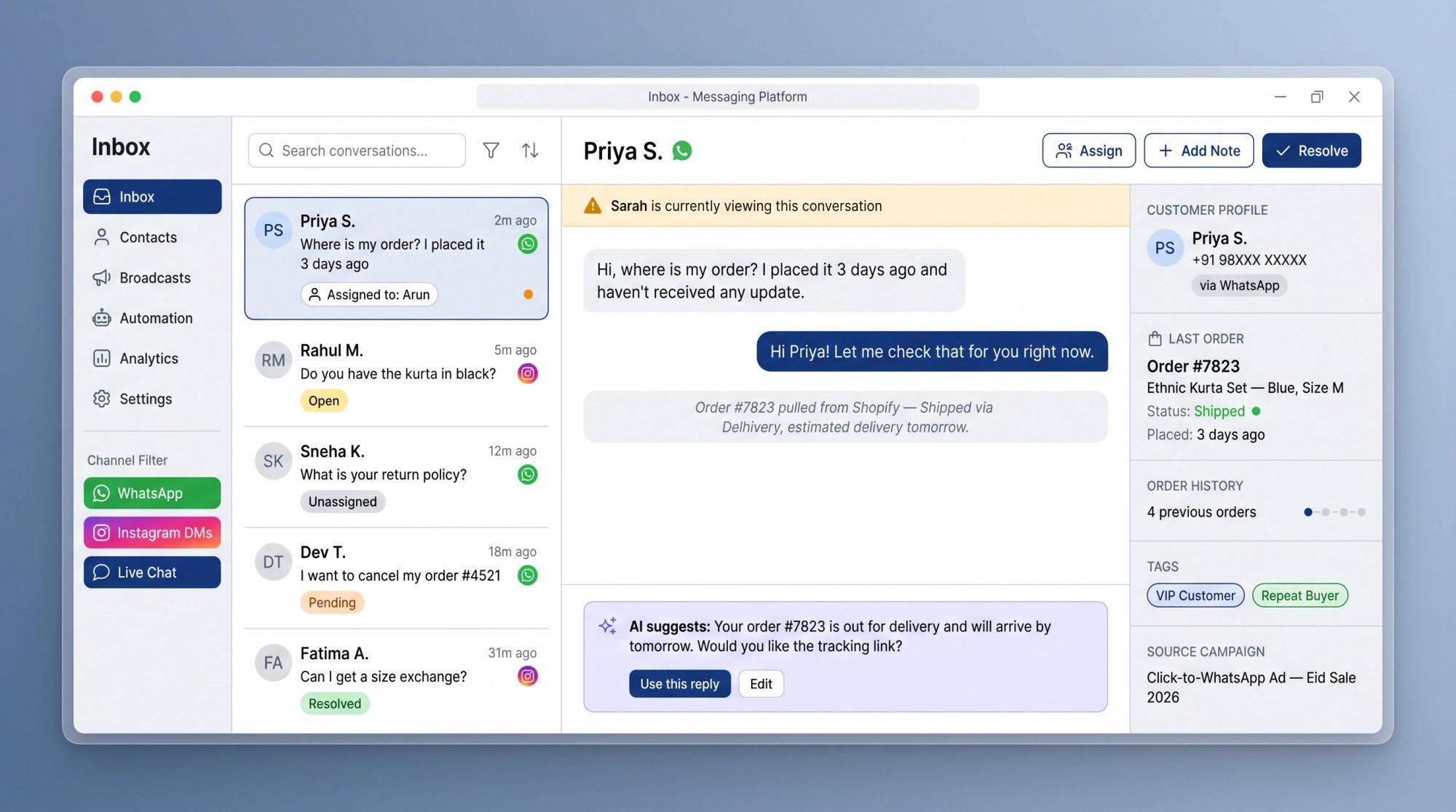 Shared inbox software UI mockup showing WhatsApp, Instagram, and live chat in one dashboard with customer order context and AI suggestions