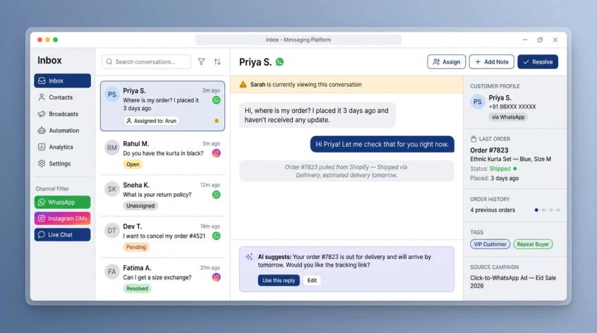 Shared inbox software UI mockup showing WhatsApp, Instagram, and live chat in one dashboard with customer order context and AI suggestions