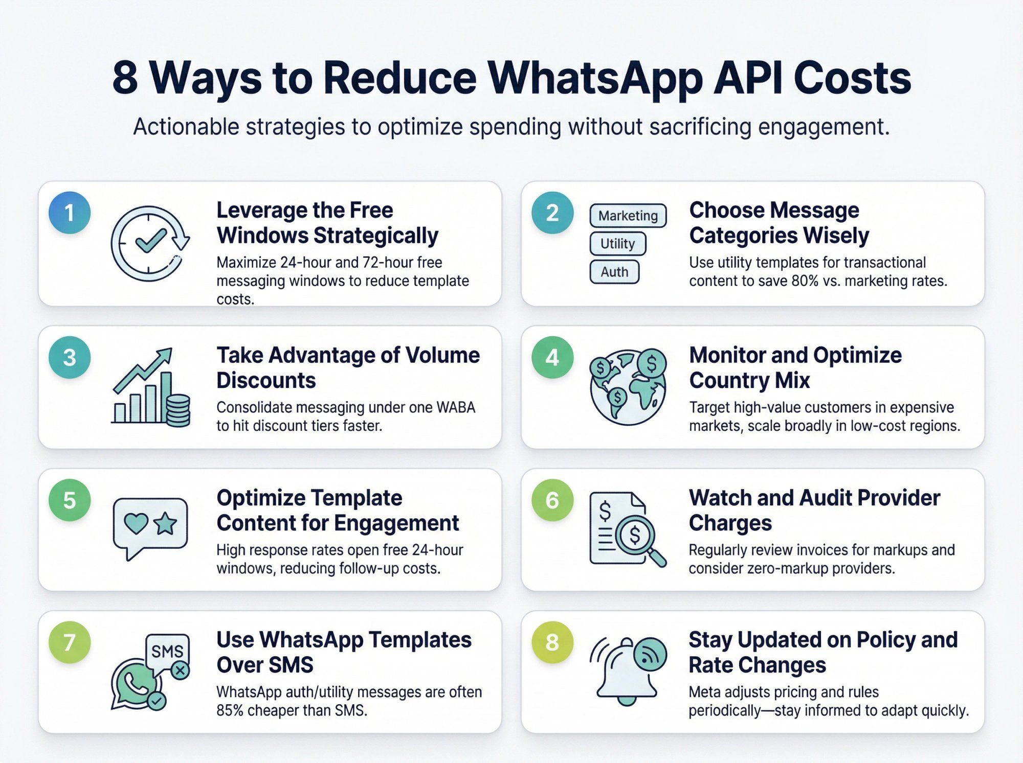 8 actionable strategies to reduce WhatsApp Business API costs including free windows, message categories, and volume discounts
