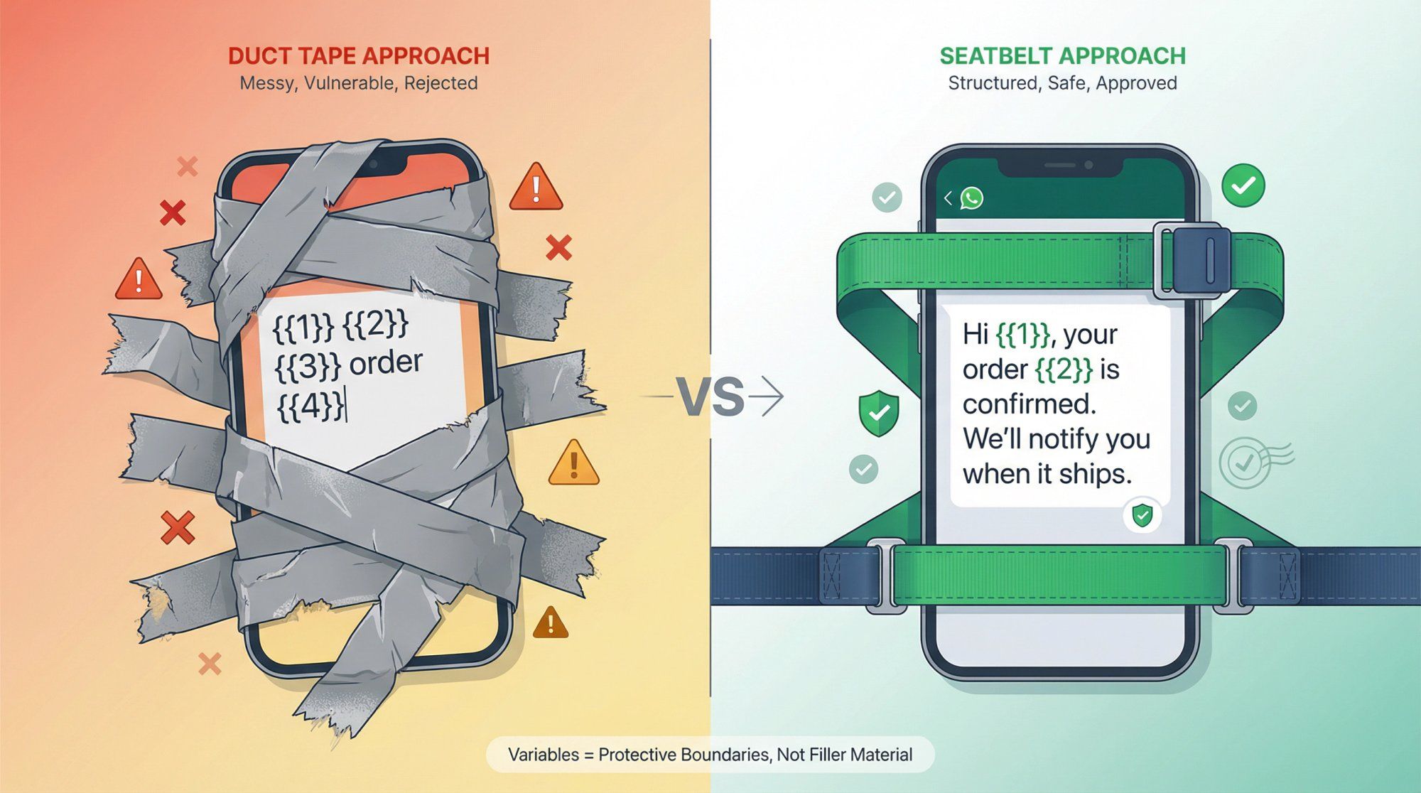 Split comparison showing WhatsApp template variables used correctly like seatbelts versus incorrectly like duct tape