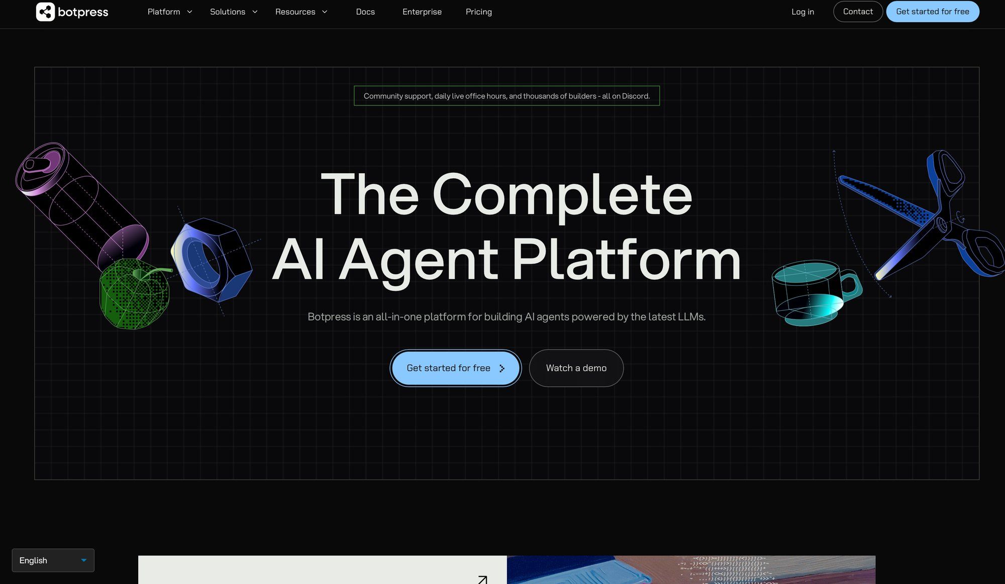 Botpress AI agent platform homepage displaying abstract 3D illustrations and main headline.