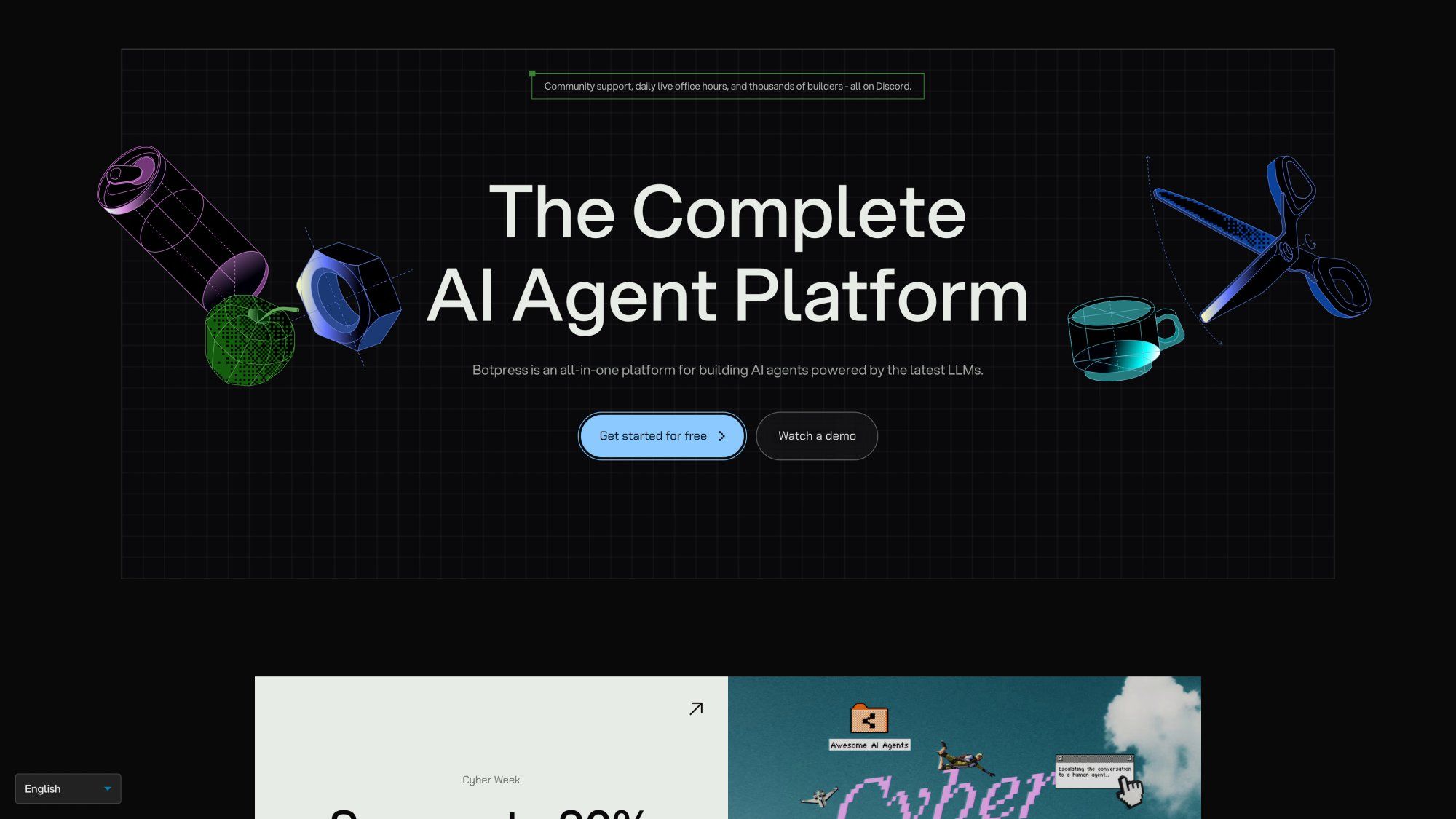 Botpress homepage displaying open-source AI platform for developers with visual flow builder and deployment options