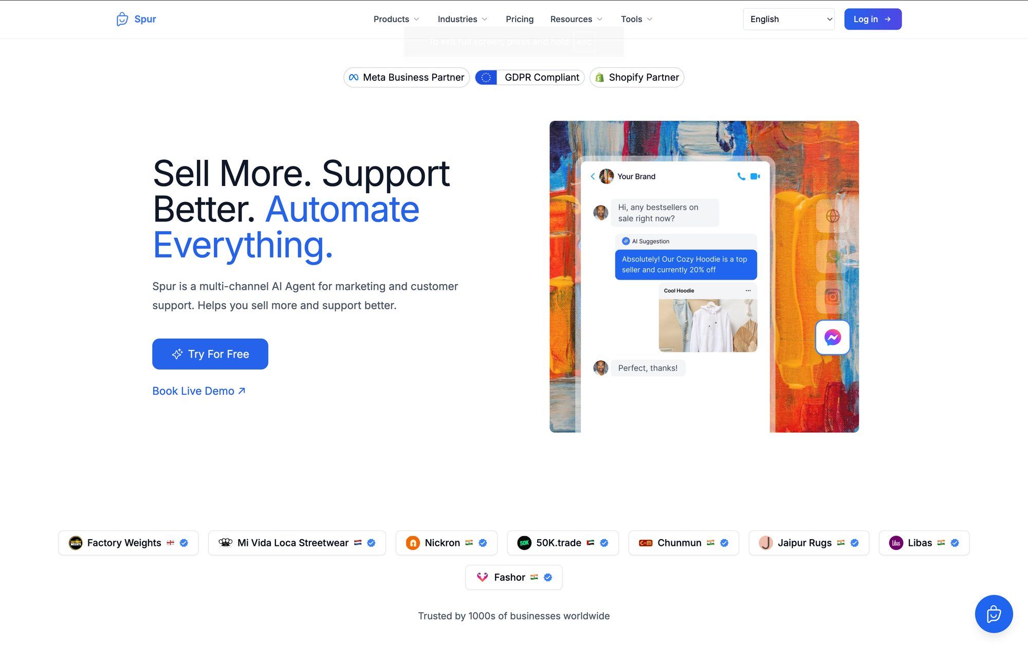 Landing page for Spur AI agent, promoting automated sales and customer support through a chat interface example.