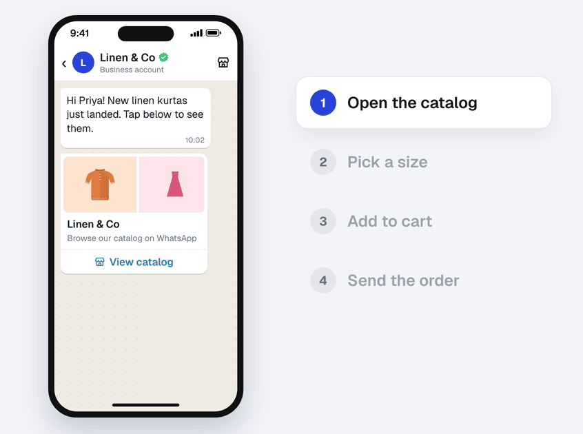 A customer opens a store's WhatsApp catalogue, picks the Linen Kurta in size M, adds it to the cart and sends the order in the chat