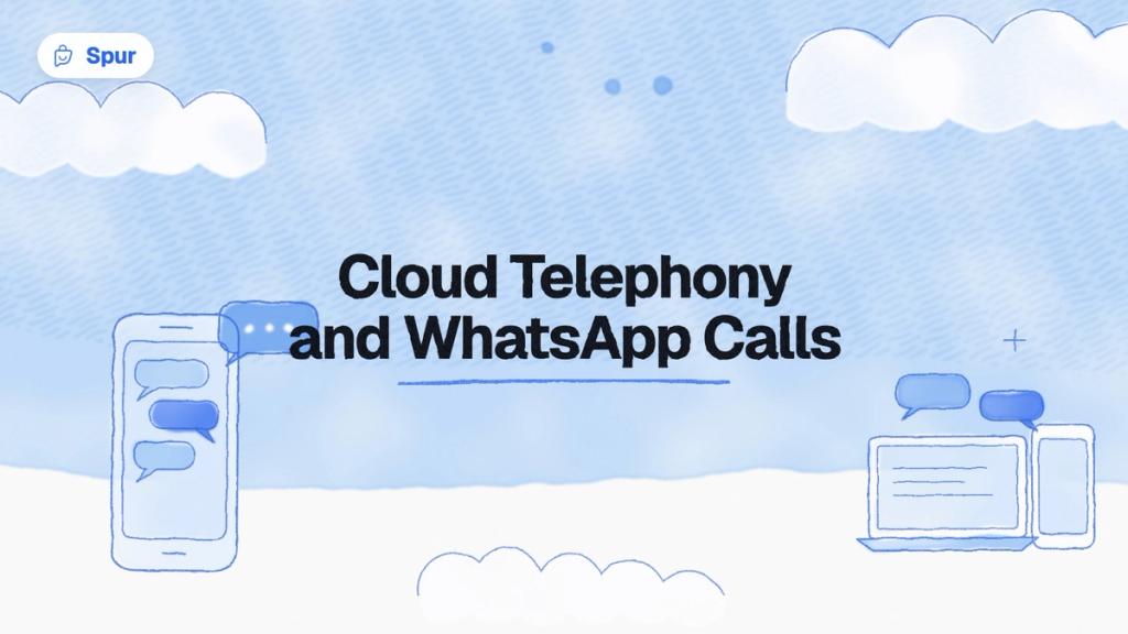 Watercolour illustration of a phone with chat bubbles and a laptop under the title Cloud Telephony and WhatsApp Calls