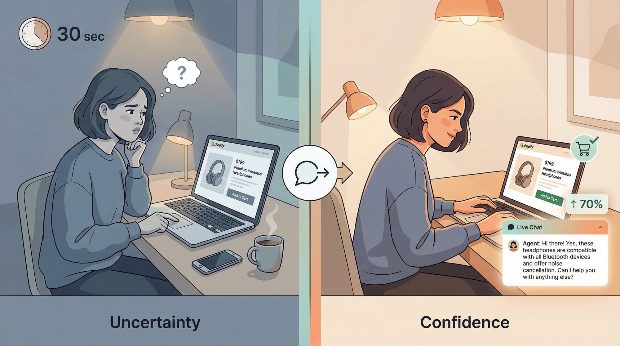 Split-screen illustration showing shopper hesitation transforming into confident purchase through instant live chat response