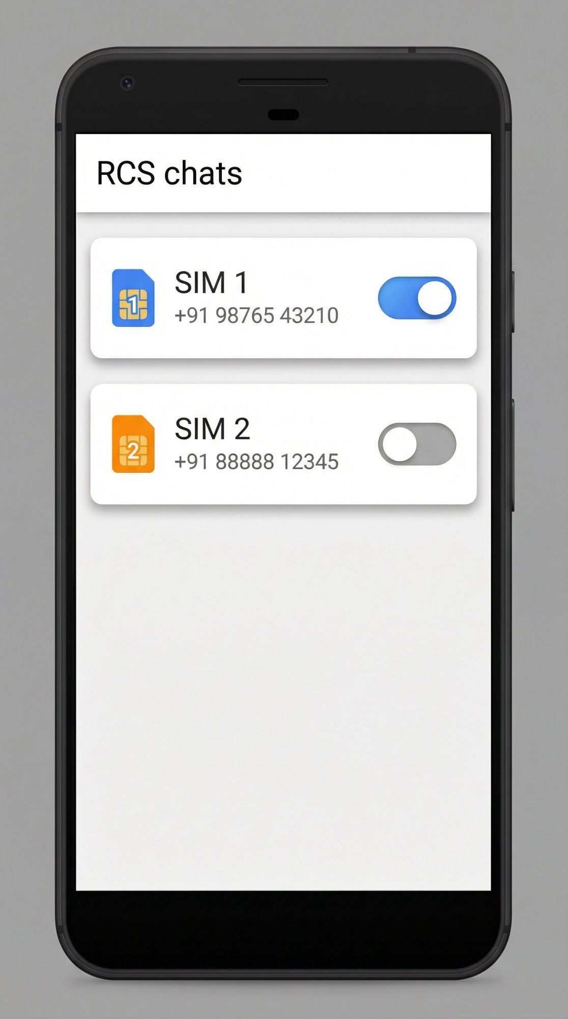 Smartphone screen showing dual SIM RCS settings with separate toggle controls for SIM 1 and SIM 2