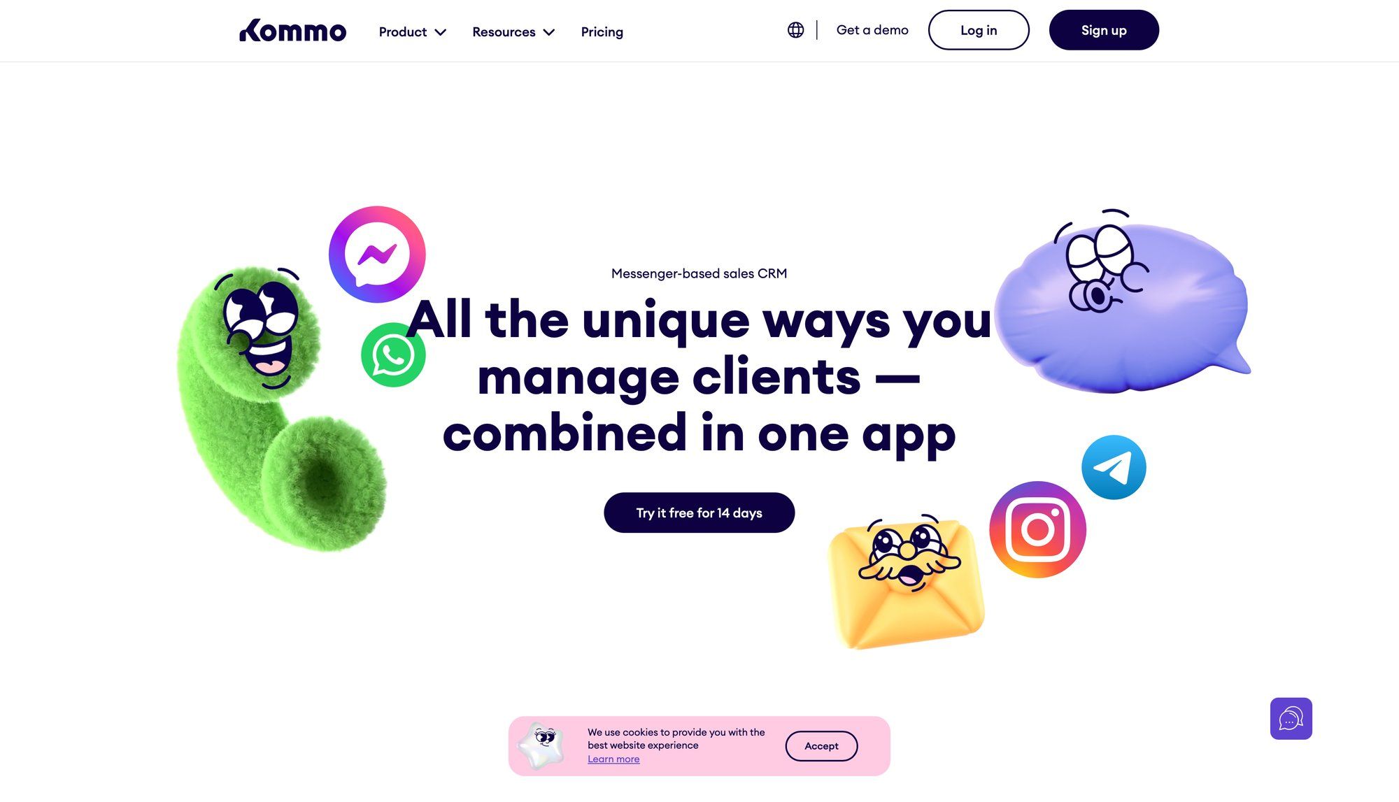 Kommo landing page shows a messenger-based CRM integrating various communication apps with playful characters.