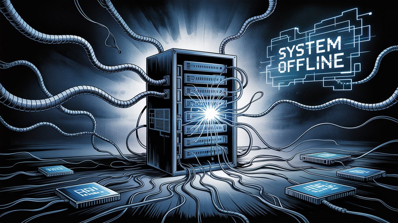 AI system infrastructure experiencing failure with disrupted connections and system offline state