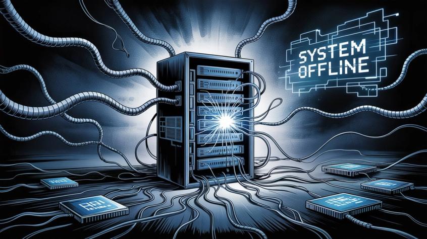 AI system infrastructure experiencing failure with disrupted connections and system offline state