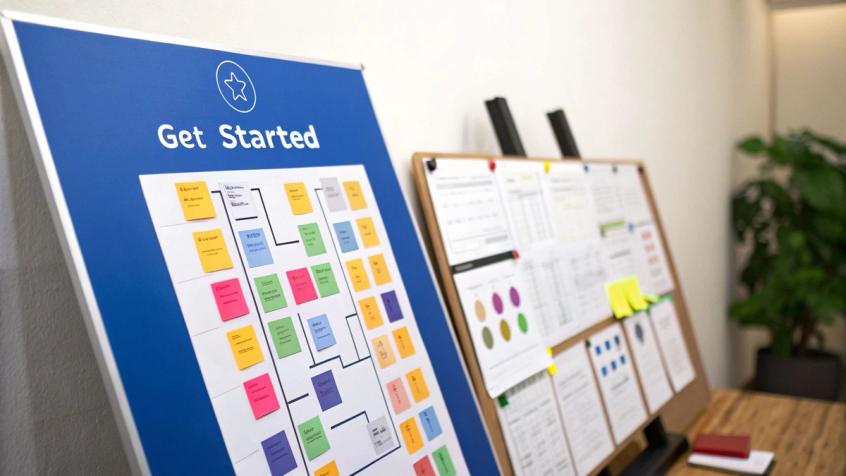 A woman smiles while sketching a user-friendly workflow on a whiteboard, symbolizing customer-centric automation design.