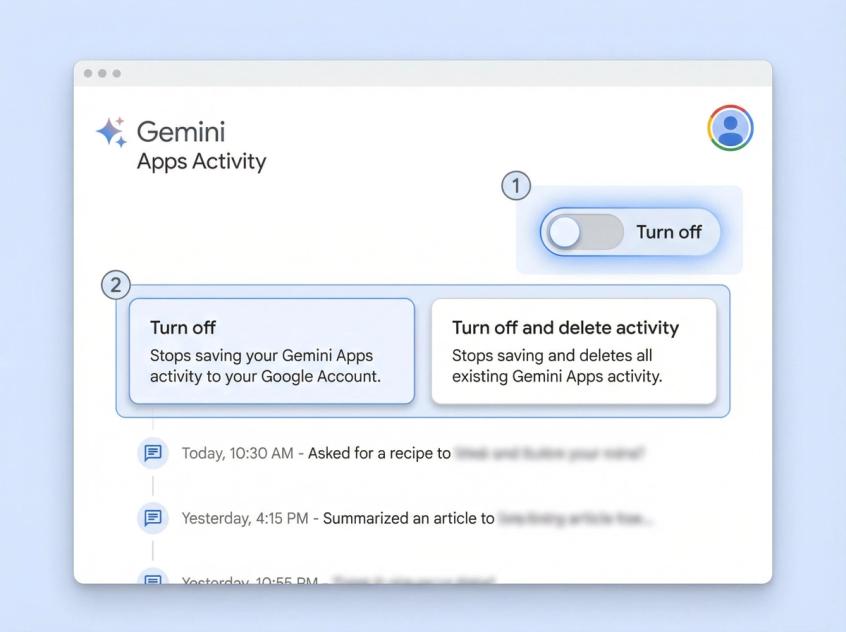 Gemini Apps Activity settings page showing the Turn off toggle and deletion options