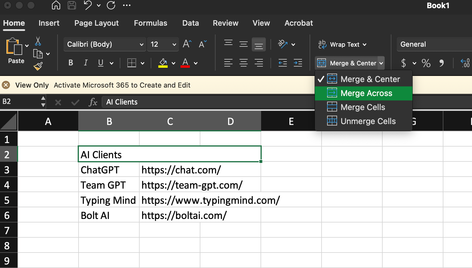 Merge Accross cells in excel, meaning text stays on left