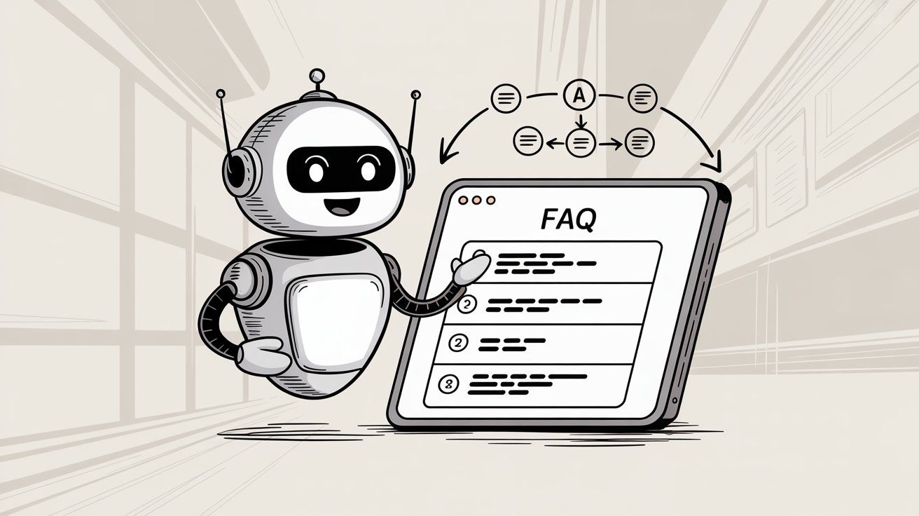 Friendly chatbot presenting organized FAQ document with workflow diagram showing systematic question and answer creation process