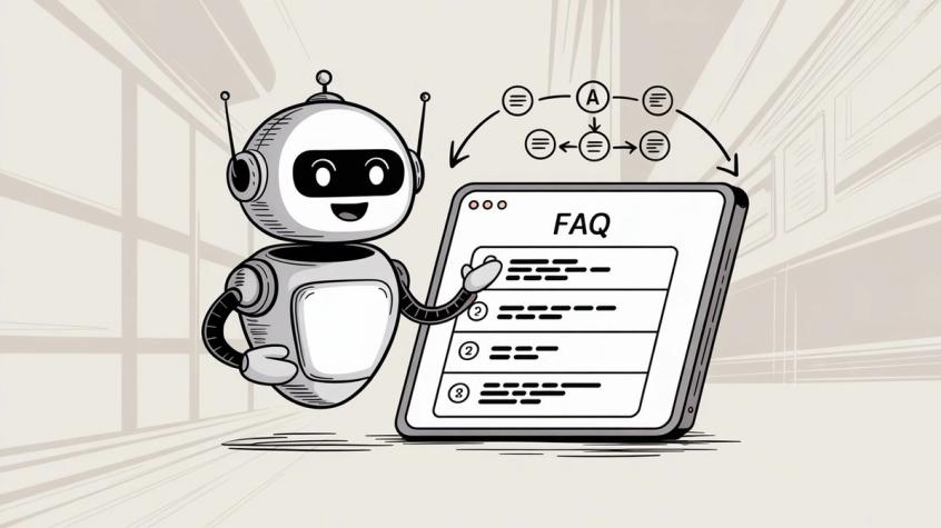 Friendly chatbot presenting organized FAQ document with workflow diagram showing systematic question and answer creation process