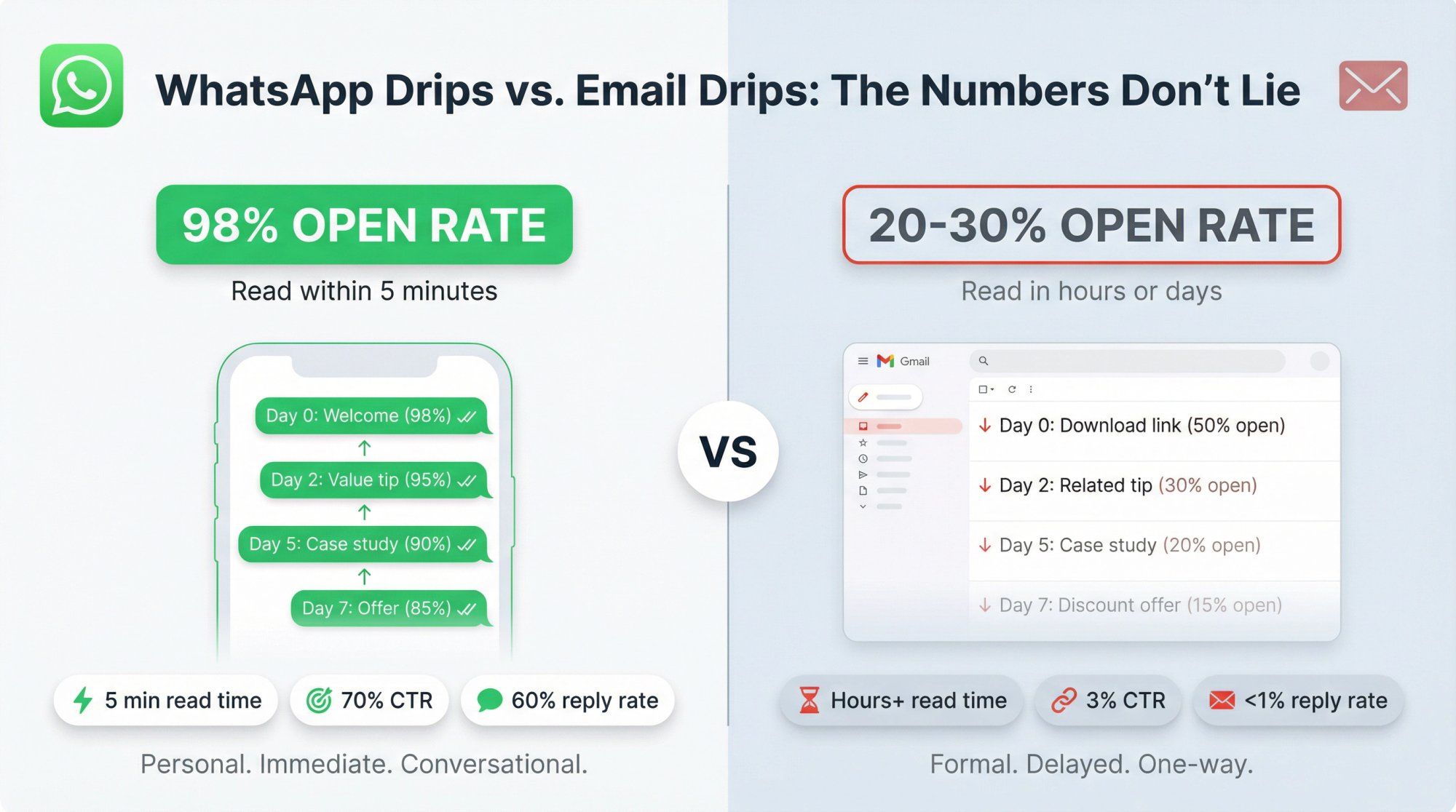 Side-by-side comparison infographic showing WhatsApp's 98% open rate vs email's 20-30%, with message flow visualizations